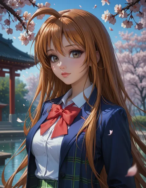 score_9, score_8_up, score_7_up, 1girl, solo, beautiful waifu, thicc, (Aya Natsume, natsume aya, orange hair, long hair, brown eyes, ahoge:1.2), wearing (white school uniform, skirt, bow, plaid, green plaid skirt:1.1), (blue blazer:1.1), detailed eyes, det...