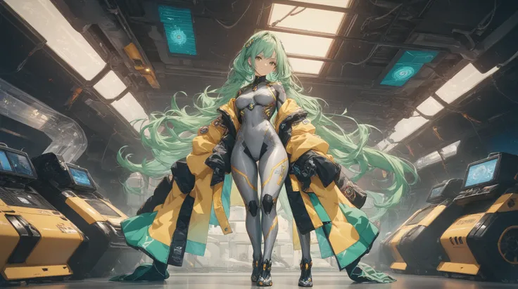 Long view shot of a mysterious anime girl with chin-length green hair and warm brown eyes, dressed in a sleek, black-and-yellow space pilot suit with metallic patches on her shoulders. She stands with her hands behind her back, gazing intently at the viewe...