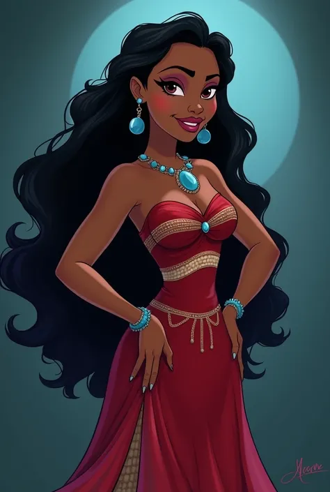 Disney princess Moana reimagined as an evil villain in disney animated style. Make it the same as Moana, but just give her a makeover of a villain in disney animated style. Keep the face the same as the original Moana.  Her dress is similar to her original...