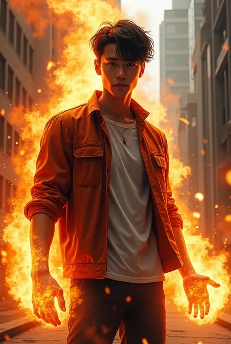 a young man, black short hair, 28 years old, city boy style, holding fire superpower, detailed face and eyes, photorealistic, 8k, highly detailed, dramatic lighting, cinematic, sci-fi, digital painting