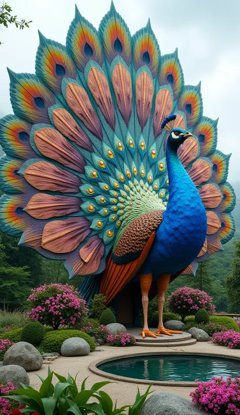 A stunning architectural fusion of a peacock and a house, where the peacocks body forms the core structure of the home. The vibrant, fan-like tail feathers spread outward, creating an intricate, colorful roof pattern. The peacocks head and neck rise majest...