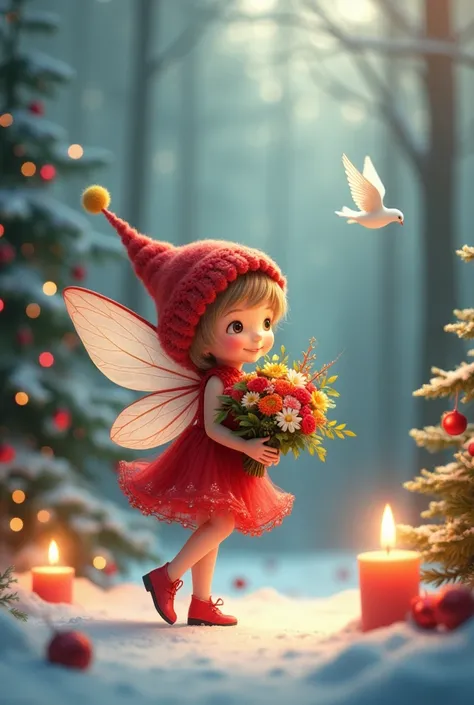 Little red fairy with
colorful bouquet 
In the winter forest 
Christmas tree 
Two candles 
white dove 