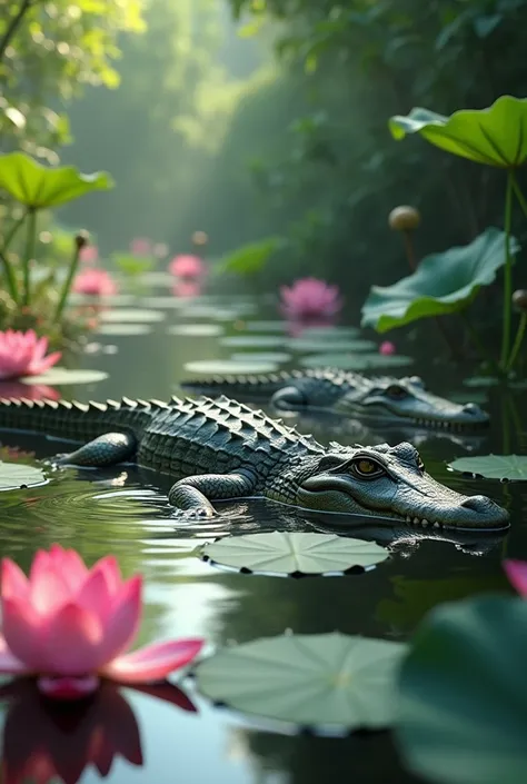 Crocodiles swim in a pond full of lotus flowers.