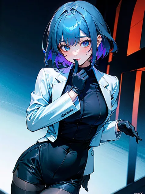  top quality,   masterpiece  ,4K images,  high detail, Girl in black shirt, White blazer , black short shorts, black  pantyhose , Black gloves, light blue hair, blue eye, medium chest,   big hips,  thick thighs