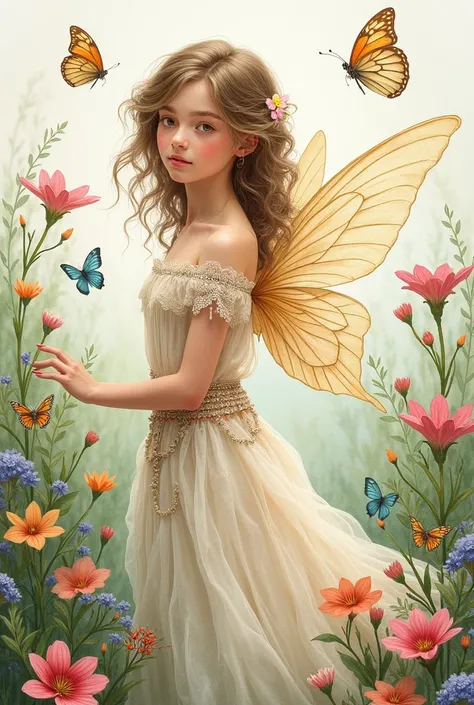  Beautiful Girl in a Fairy Costume, Surrounded by flowers and butterflies. content: Watercolor.  style for stilets:  Quirky and Delicate , Like an illustration in a ren&#39;s book.