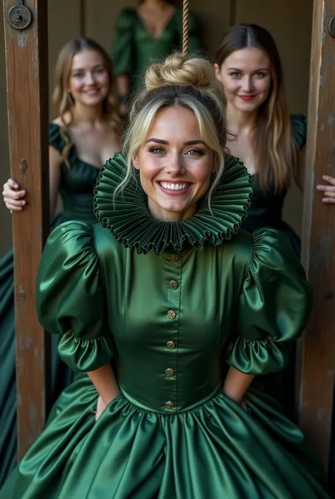 (realistic photograph close up), (a pleased beautiful Caucasian lady with (messy hair bun), she is wearing (an elaborate metallic green silk gown with (long gigantic puffed sleeves), (and with a tight ultra high stand-up collar up to her cheeks) (with a gi...