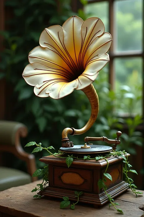 A grammophone in the shape of a bindweed flower that plays music that is not loud enough