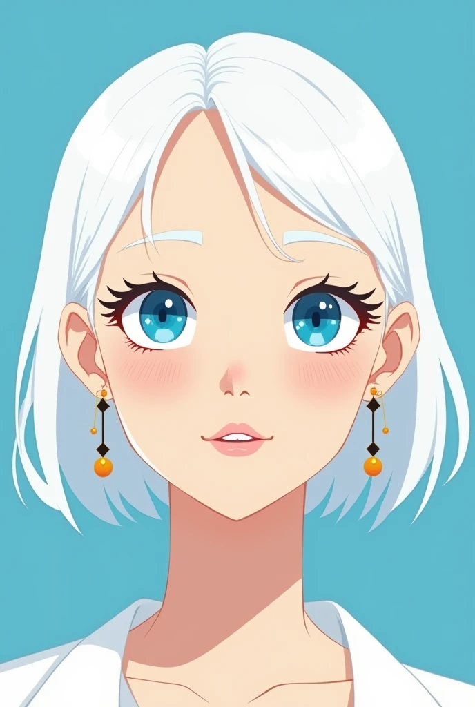 minimalist，fashion girl，white hair，blue background，Wearing special earrings，Bohemian style，Defined eyelashes，Full bright blue eyes，Clean and transparent eyes，close up，Portrait facing camera，Smile flat illustration，Geometry，clean，japanese manga