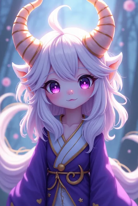 Furry, anthropomorfic, anime art, Kirin species, Violet Eyes, purple face, White nose, White chin, Purple Body, White Hair, 2 white horns, femboy, Tengen Uzui Outfit, masterpiece, 4k, best quality