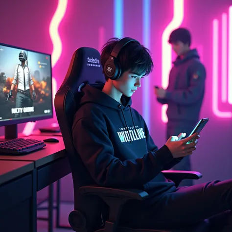  yotube avatar for Pubg .  Handsome 3D anime guy with dark hair ,  CHARACTER in a black hoodie with “IMMORTAL FAMILY” lettering on his chest. SITS ON A GAMING CHAIR WITH HEADPHONES ,  PLAYING PUBG ON HIS SMARTPHONE,  IN FRONT OF A COMPUTER MANITOR WITH PUB...