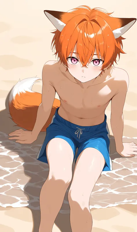 1boy,Pink Eyes, Fox Ears,orange hair,white ends of hair,muliticolored hair,looking at viewer,cute boy,blue shorts,no shirt,beach background,sand,Anime, Anime Style,13year old boy, full body,wolf tail,black tip on tail,wet hair