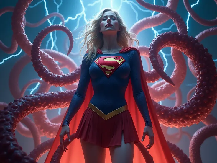  Supergirl, who is being tortured by electric currents emanating from her tentacles, is wrapped around countless tentacles and is unable to move。
触手から発する電流による拷問を受けている。
 she is screaming in so much pain。
She has wide open thighs。
 the light of electric shoc...