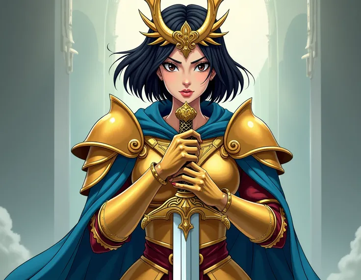 A fierce and regal woman with Asian features, her short, jet-black hair sharp yet elegant. She wears a delicate tiara with intricate golden horn-like designs that complement her shining, ornate valkyrie-style golden armor. A flowing blue cape cascades from...