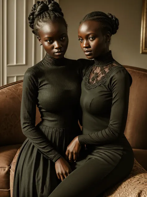 a detailed portrait of two beautiful teenies girls with dark skin, ajak deng, bun hairstyle, a detailed portrait of two beautiful african hautains girls with dark skin hugging behind at sofa baroque, ajak deng, bun hairstyle, glossy makeup, wearing green v...