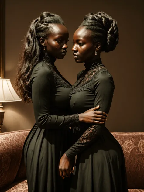 a detailed portrait of two beautiful teenies girls with dark skin, ajak deng, bun hairstyle, a detailed portrait of two beautiful african hautains girls with dark skin hugging behind at sofa baroque, ajak deng, bun hairstyle, glossy makeup, wearing green v...