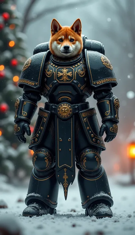 Warhammer 40K Space Marines，Black Templars chapter ，surreal art, Christmas style, With the head of Shipa Inu 