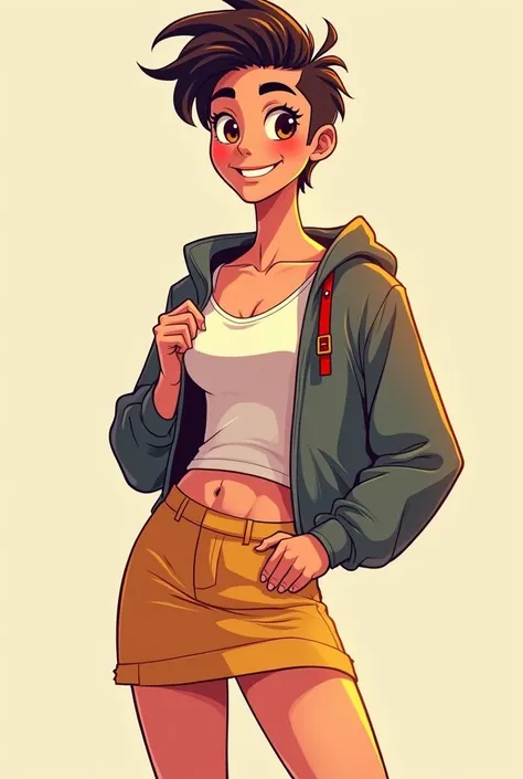 Create a cartoon image of a handsome student, a short skirt, a tight shirt