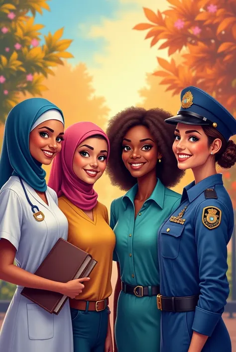 4 happy woman, one nurses with hujab, one teacher, one police woman and one actress