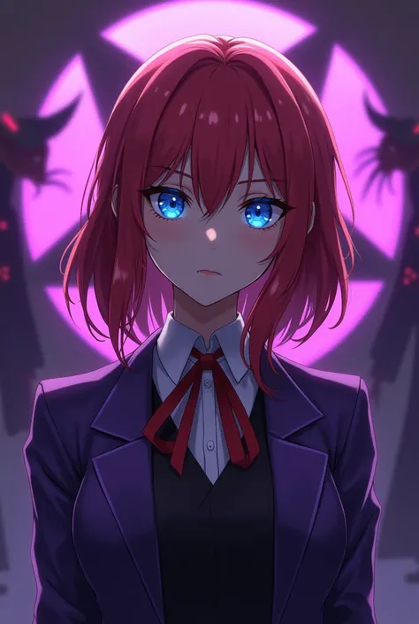  a realistic anime-style character , She has blue eyes , It&#39;s beautiful,  red hair with a light fringe .  wears the clothes of a fraternity called Demons where it is purple and black .  in the background has an inverted pentagram ,  bright purple with ...