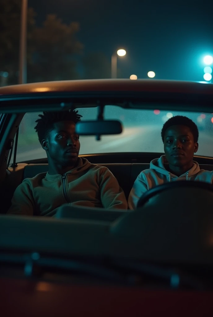  A night drive in a tired car . Khalil,  a young black man ,  sits in the drivers seat , while Starr ,  a young black woman , sitter ved siden av ham. En hvit politimann står utenfor bilen med en lommelykt og en pistol trukket.  Khalil has his hands up ,  ...