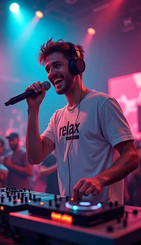 Create a guy smiling wearing a headphone and holding a micrphone as a dj with his shirt text "RELAX LIVE WITH RUNNER,tapping,sharing,tapping"