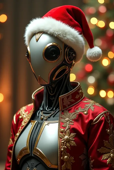 A humanoid robot 
Very rich Christmas outfit with on the forehead
 A black lemon opened in half and a Christmas hat 