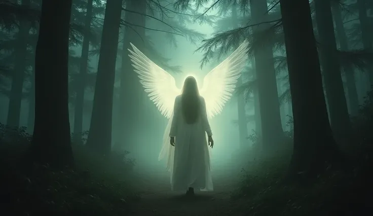    A person in a dark forest, feeling a sense of protection and guidance. A soft light shines around them, guiding them on the right path, with the invisible guardian archangel by their side."