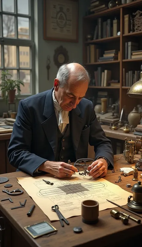 "A conceptual scene of Louis Breguet, the French inventor, working on his early drone prototype in a workshop, with sketches of a camera-equipped model airplane scattered on the table."