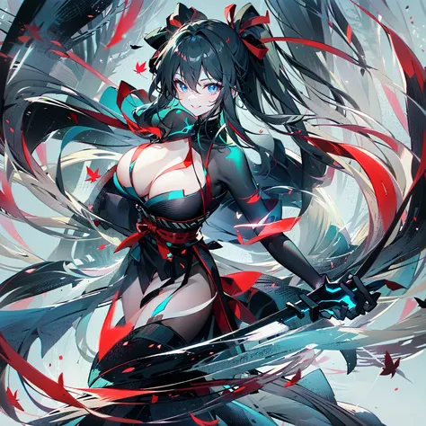  blue eyes、Create a smiling anime-style character with a long, dark ponytail. The character must wear a black and red ninja costume with exposed shoulders and be wielding icy blades. The background will be a mysterious forest with fallen leaves and glowing...