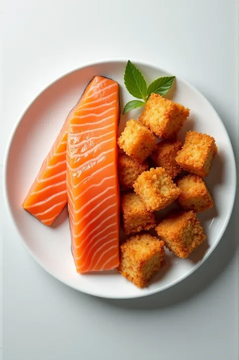 A vibrant promotional image featuring a plate of fish, divided into two halves. One half contains fresh salmon fish . The other half contains fried salmon fish pieces. First half before cooking and the second half after cooked