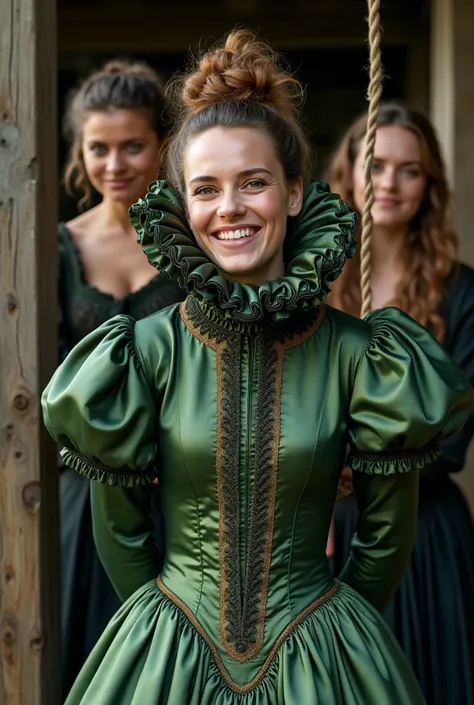 (realistic photograph close up), (a pleased beautiful Caucasian lady with (messy hair bun), she is wearing (a historical elaborate metallic green silk gown with (long gigantic puffed sleeves), (and with a tight ultra high stand-up collar up to her cheeks) ...