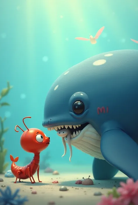 Red ant bitten by a whale, Be cute and cuddly, Ants look fearful, Whales look clear