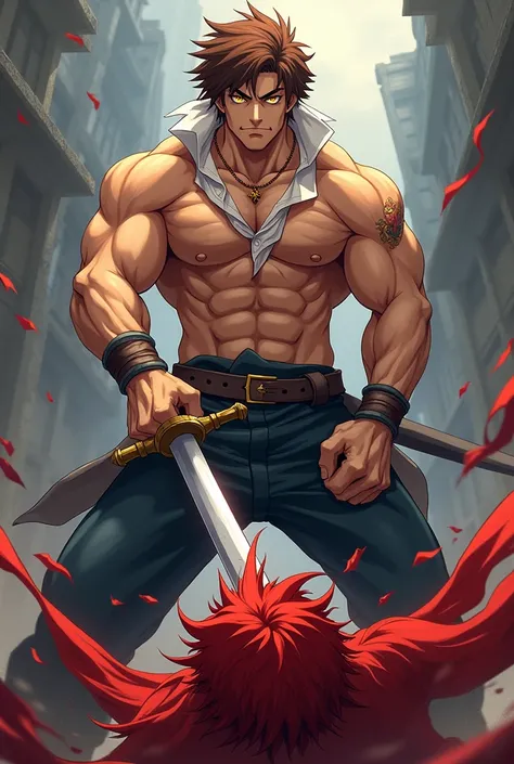  one handsome brown haired and  yellow eyed muscular men standing bravely having a sword and killed the red haired man, in anime style