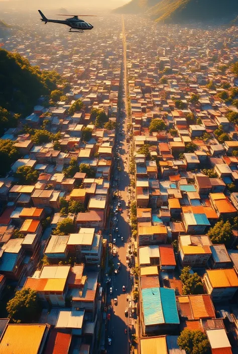 A helicopter view of a vibrant, colorful favela, with narrow, winding streets and tightly packed houses painted in a kaleidoscope of bright hues. The sun casts a warm, golden glow, creating long shadows and highlighting the intricate patterns of the roofto...