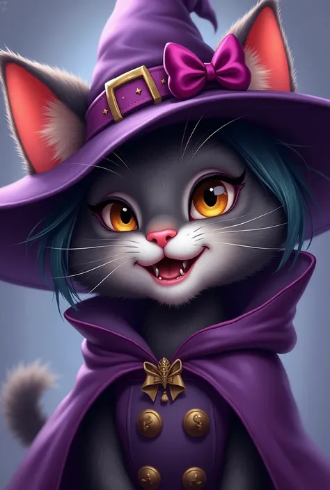  a close-up of a cartoon cat, wearing a witch costume ,  a character portrait by Artgerm ,  Artstation contest winner , furry art, extremely detailed Artgerm, ,  style artgerm, artgerm lau, portrait of jinx from arcane, oil painting of ,  in the style of A...