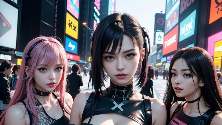 sfw, masterpiece, best quality, ((2 cyberpunk three girls standing together taking selfie portrait)), ((((Harajuku-inspired cyberpunk clothing)))), bold colors and patterns, eye-catching accessories, trendy and innovative hairstyle))), dazzling Cyberpunk c...