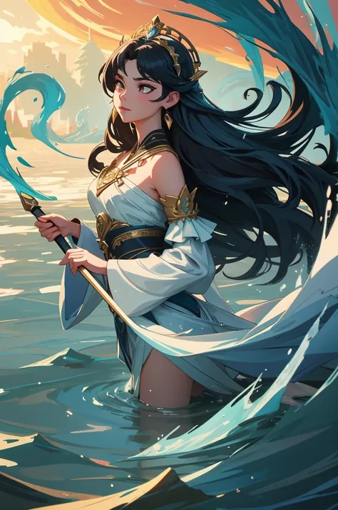 A divine depiction of Kushinada-hime as a river goddess, emanating an aura of grace and fierce determination. She stands poised by a roaring river, her sleek and elegant spear held firmly in her hand, glinting in the light of the setting sun. Her piercing,...