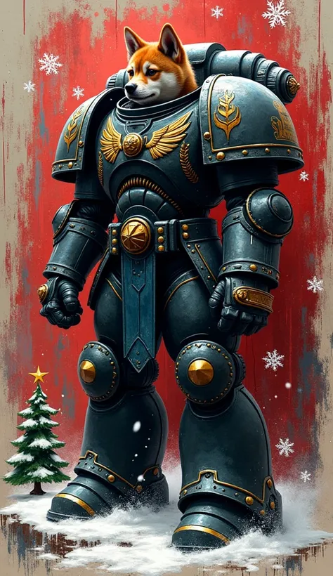 Warhammer 40K Space Marines graffiti style，Black Templars chapter ，surreal art, Christmas style, With the head of Shipa Inu 