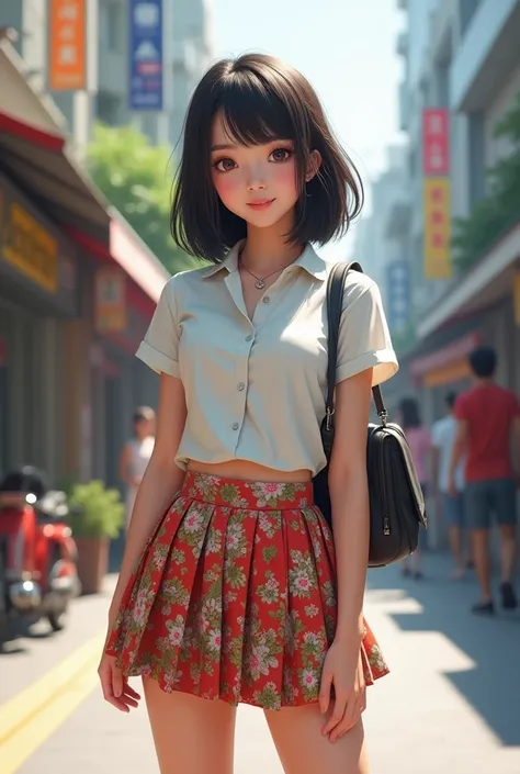 Create an image of a Thai student girl wearing a short skirt, a tight-fitting blouse