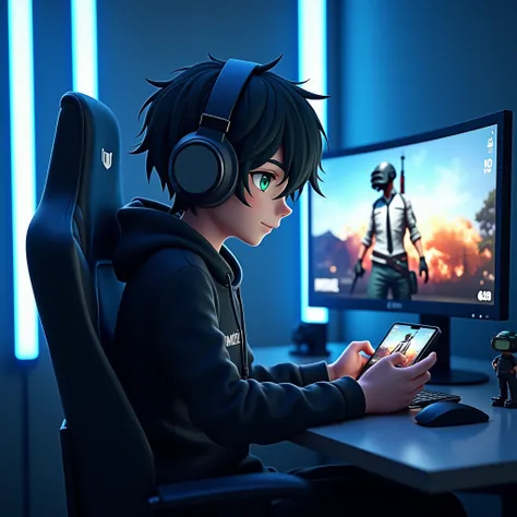  yotube avatar for Pubg .  Handsome 3D anime guy with dark hair and green eyes,  CHARACTER in a black hoodie with “IMMORTAL FAMILY” lettering on his chest. SITS ON A GAMING CHAIR WITH HEADPHONES ,  PLAYING PUBG ON HIS SMARTPHONE,  IN FRONT OF A COMPUTER MA...