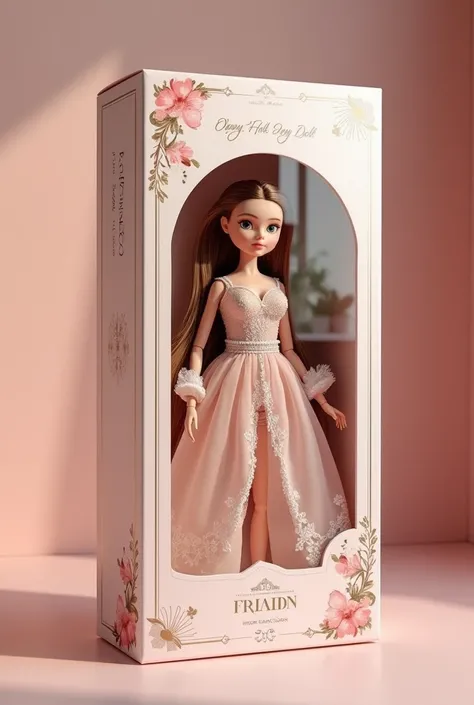 (best quality, 4k, 8k, high resolution, masterpiece: 1.2), ultra detailed, (realistic, photorealistic, photorealistic: 1.37), professional photography.A highly detailed and realistic doll box design. The box is sleek, modern, and premium, with a transparen...