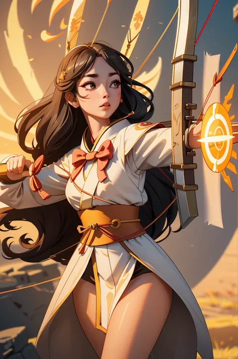 Amaterasu, (depicted as a 30-year-old female sun goddess:1.3), is portrayed as a master archer radiating divine light. She has black hair and amber eyes, exuding an aura of dignity and majesty. On her back, she carries a finely decorated quiver filled with...