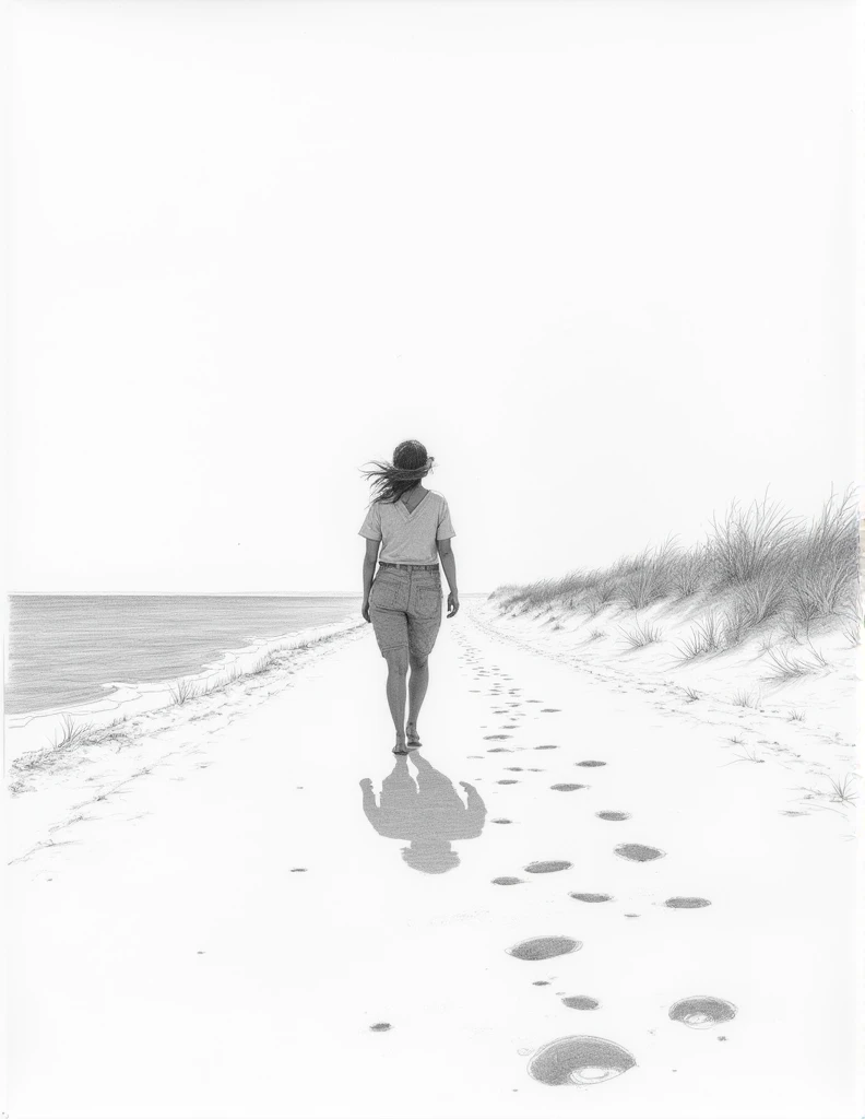 pencil sketch of a woman walking to the beach