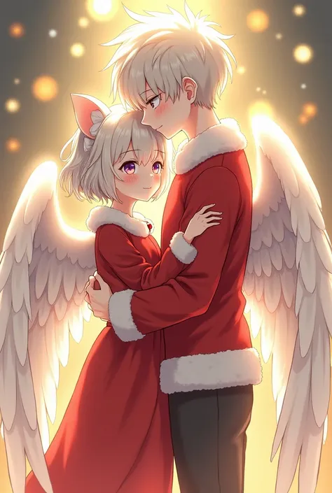  Two albino angels , A girl of 1. 59 he wears Christmas clothes with a skirt , Has wings,  and kitten ears He is  ,  a tall and handsome young man ,She wears wings she measures 2 .00, Cuddling the girl has both are albinos and they wear anime Christmas clo...