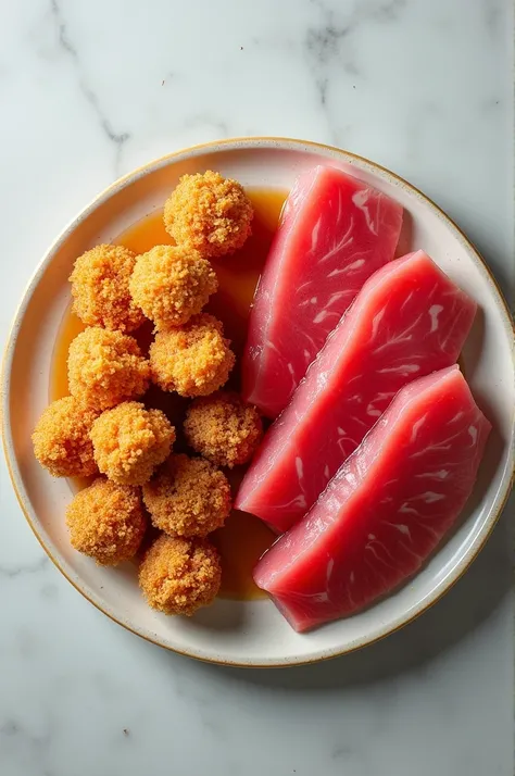 A  image featuring a plate of fish, divided into two halves. One half contains fresh tuna fish . The other half contains fried tuna fish pieces. First half before cooking and the second half after cooked