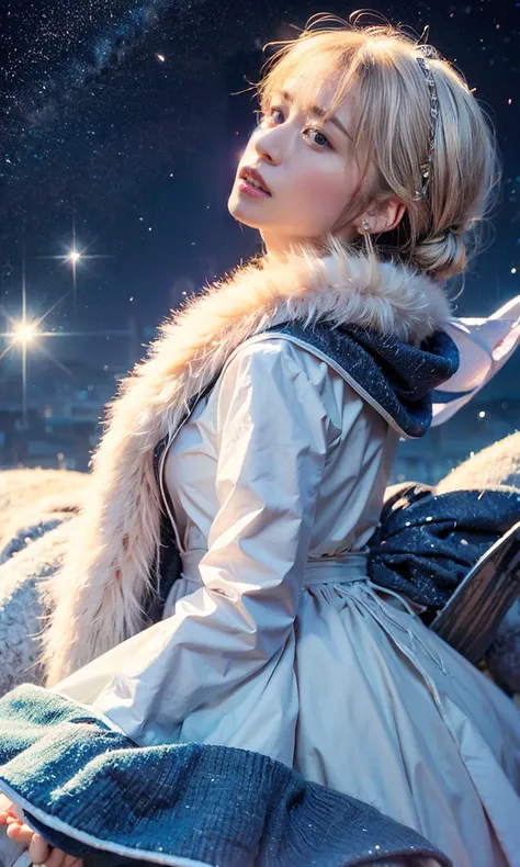 (   When she casts a spell, a legendary ice pigeon appears in the sky around her、 Magic Rim、staring at something、Diamond dust flutters、クリーム色のhair、  Heavy snowfall area    、  Its snowing 、   blue eyes、   blue eyes、white winter clothes   、  watching the nigh...