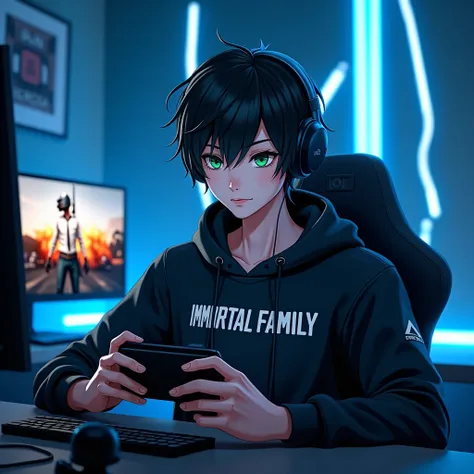  yotube avatar for Pubg .  Handsome 3D anime guy with dark hair and green eyes,  CHARACTER in a black hoodie with “IMMORTAL FAMILY” lettering on his chest. SITS ON A GAMING CHAIR WITH HEADPHONES ,  PLAYING PUBG ON HIS SMARTPHONE,  IN FRONT OF A COMPUTER MA...