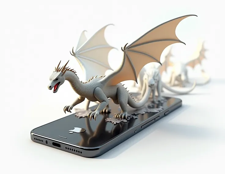 there are 3d car and buildings and dragons coming out of an apple Iphon. background is white