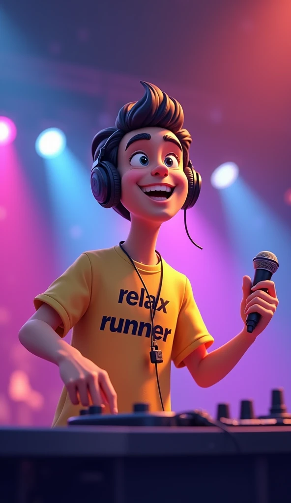 Create a guy smiling wearing a headphone and holding a micrphone as a dj with his shirt text "RELAX LIVE WITH RUNNER SHARE COPYLINK TAPPING,TKASIH"