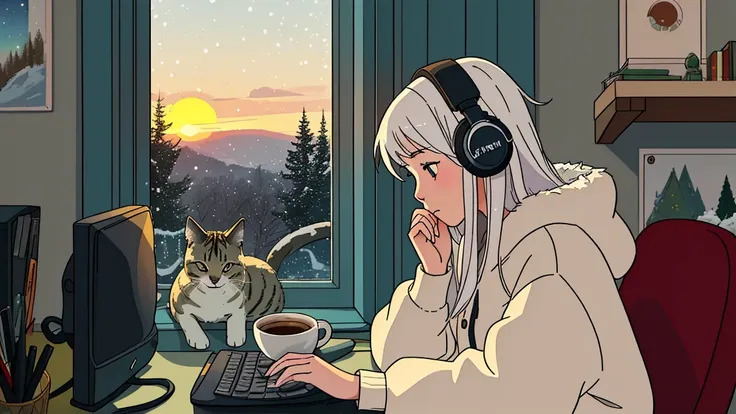 A girl sitting at a desk in a lo-fi style and studying on a computer facing the window, snow, morning clock, looking at the computer, a mug of coffee next to the computer, a girl in warm clothes in the cold season, Keep your eyes open, Chris in the room. D...